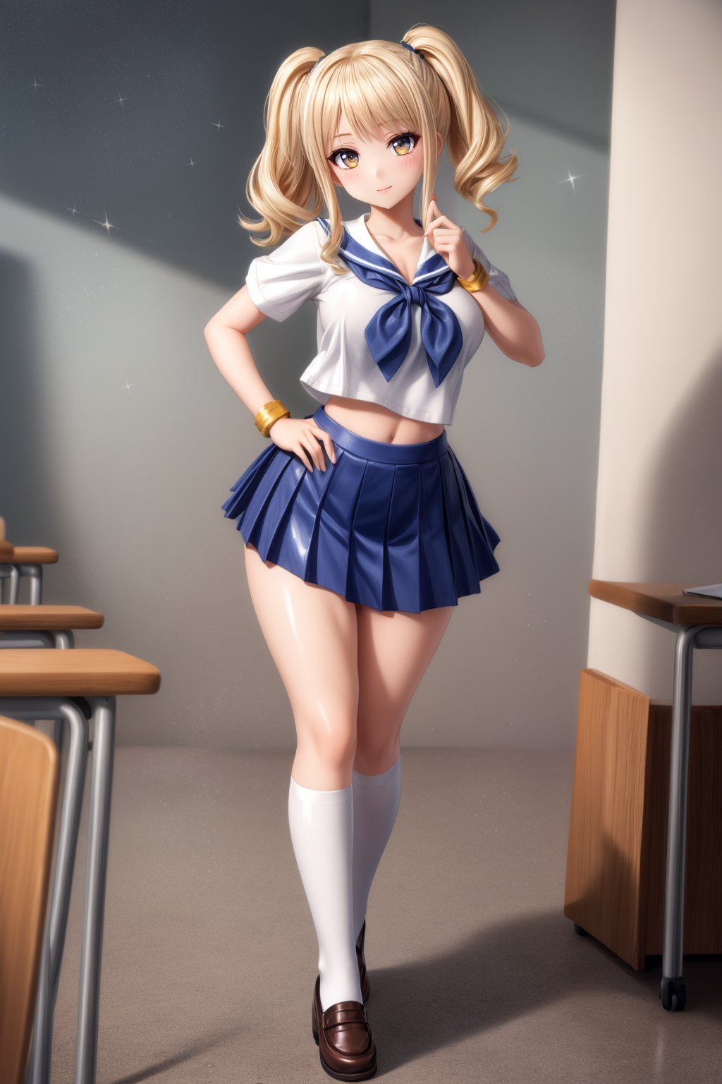 masterpiece, fullbody, standing, wide angle, (Amazing Glittering effect), (school girl gyaru, white latex school uniform:1.2), huge hips, (Shiny skin), (Amazing Glittering effect), global illumination, canon eos 5d markⅣ, sigma DG HSM Art, 85mm f1.4, (beautiful body:1.1), (detailed sharpness:1.3), glistening clothes, <lora:flat2:-1>,  <lora:hairdetailer:0.5>,