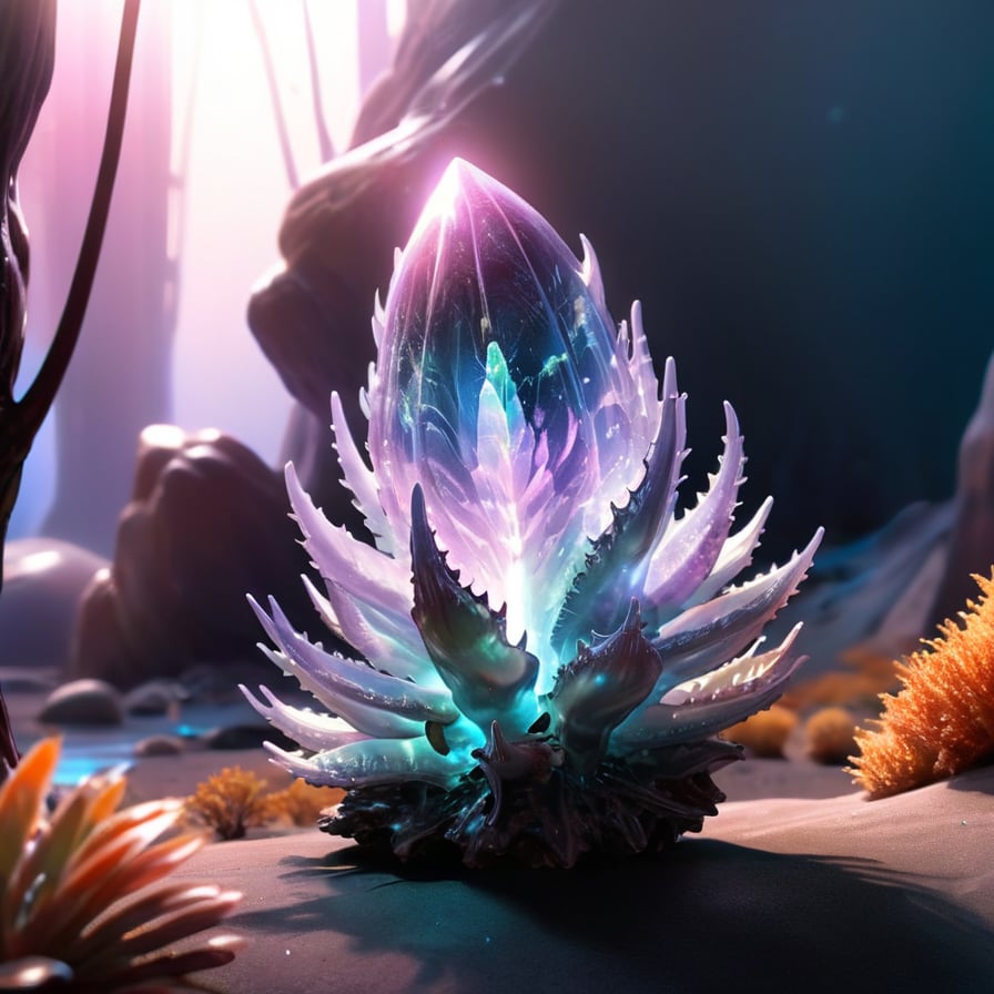 Photo of a fascinating silicon-based life form existing in an alien environment, with a translucent, crystalline body glistening under the otherworldly light, emanating a beautiful iridescent glow as it interacts with the unique ecosystem.