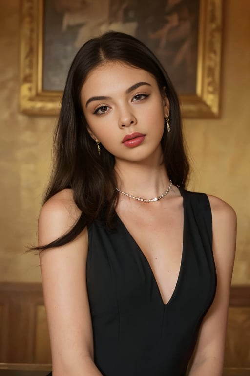 (masterpiece,best quality:1.2), high detailed,realistic,d3vac, 1girl, solo, long hair, looking at viewer, black hair, dress, bare shoulders, jewelry, upper body, earrings, parted lips, sleeveless, necklace, black dress, lips, head tilt, realistic, painting (object),by Helmut Newton<lora:DevaCasselSD:1>