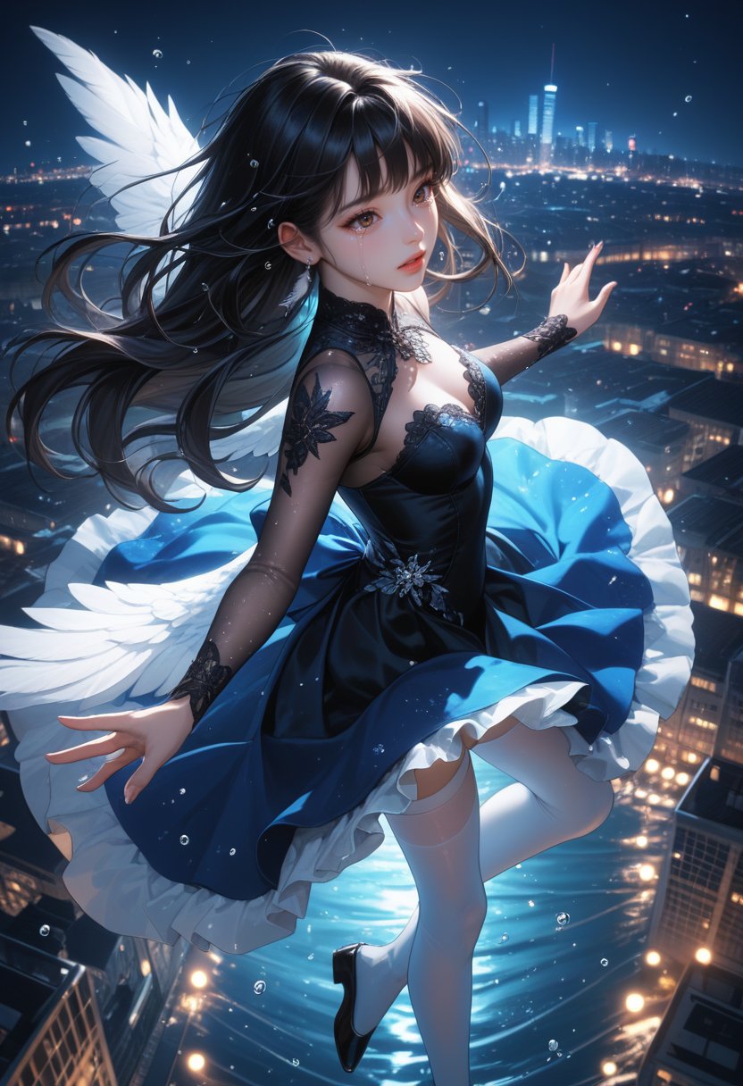 score_9, score_8_up, score_7_up, 1girl, long hair, crying, water, dancing, falling, floating hair, city, white leggings, bangs, black hair, brown eyes, black dress, parted lips, blue dress, eyelashes, night, city, vibrant lights, feathered wings, wings, feathers, water droplets, from above