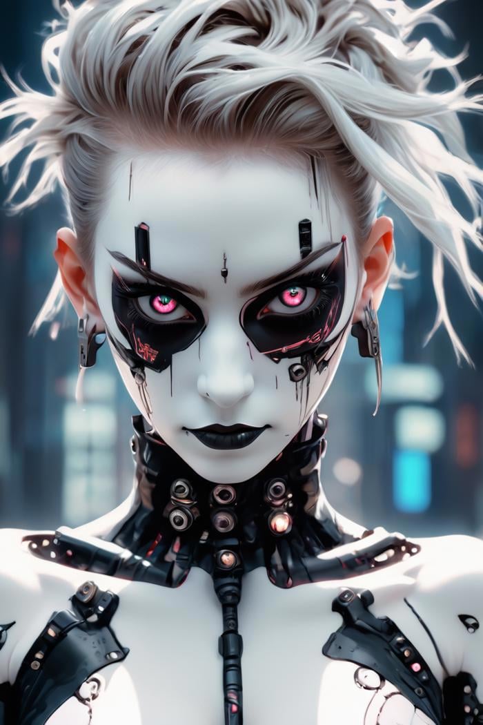 anime artwork, commercial portrait, (full body shot:1.6), cyberpunk style, 1girl, white face paint, black bleeding mascara, perfect anatomy, posing for the camera, stunningly beautiful, perfect face, glowing eyes, intricate details, ultra-realistic, high saturation, cinematic light, 35mm raw photo, nsfw, art by j.c. leyendecker