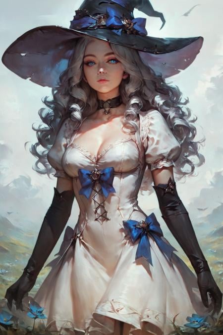 score_9, score_8_up, score_7_up, concept art, realistic, 1girl, witch hat, hat, solo, long hair, flower, dress, choker, puffy sleeves, looking at viewer, grass, white dress, bow, hat bow, white hair, black choker, plant, outdoors, blue eyes, purple eyes, black headwear, bangs, long sleeves, gloves, witch, blue bow, wavy hair, short sleeves, puffy short sleeves, elbow gloves, black gloves, standing, field, grey hair, sky, purple bow, breasts, curly hair, parted lips, expressionless, cowboy shot, closed mouth, leaf <lora:Concept Art Style SDXL_LoRA_Pony Diffusion V6 XL:1>