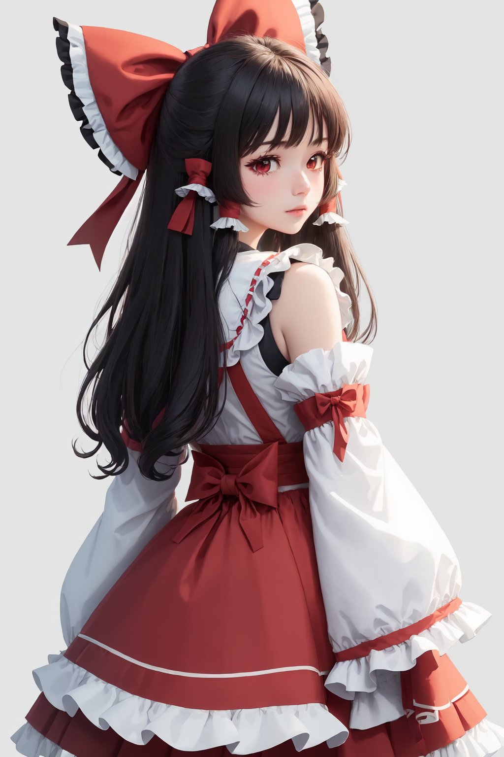 hakurei_reimu,1girl,hair_bow,red_bow,detached_sleeves,solo,hair_tubes,simple_background,looking_at_viewer,frilled_bow,red_skirt,sidelocks,wide_sleeves,bare_shoulders,blush,yellow_ascot,ribbon-trimmed_sleeves<lora:hakurei_reimu:1>,simple background,white backgroundmasterpiece,best quality, highly detailed, 