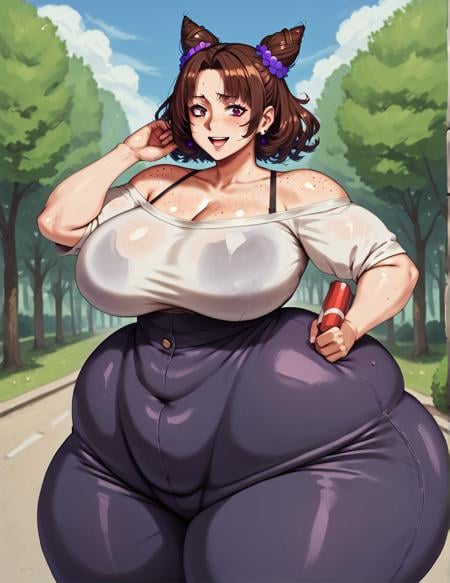 source_anime,score_8_up, score_7_up, cowboy shot,  outdoors,  fully clothed, freckled skin, plump thick  girl with hyper hips and (hyperhandles:1.1)  BREAK  wearing  Mantle, by akano_murasaki, brown hair, cone hair bun <lora:hyperhandles-vp3:1>