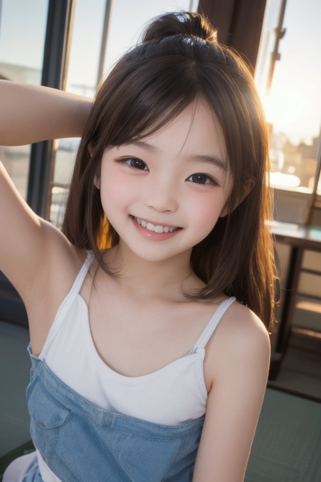 (RAW photo, best quality), masterpiece, beautiful and aesthetic, 16K, (HDR), (vibrant color), details, (potrait shot:1.2), japanese girls, (6 years old:1.4), with a happy expression, crossed-eyes. teeth, happy laugh, moving face, red brown hair, pony_tail, camisole, suqat, medium breastarmpits, sunshine, street, <lora:EMS-354973-EMS:0.400000>