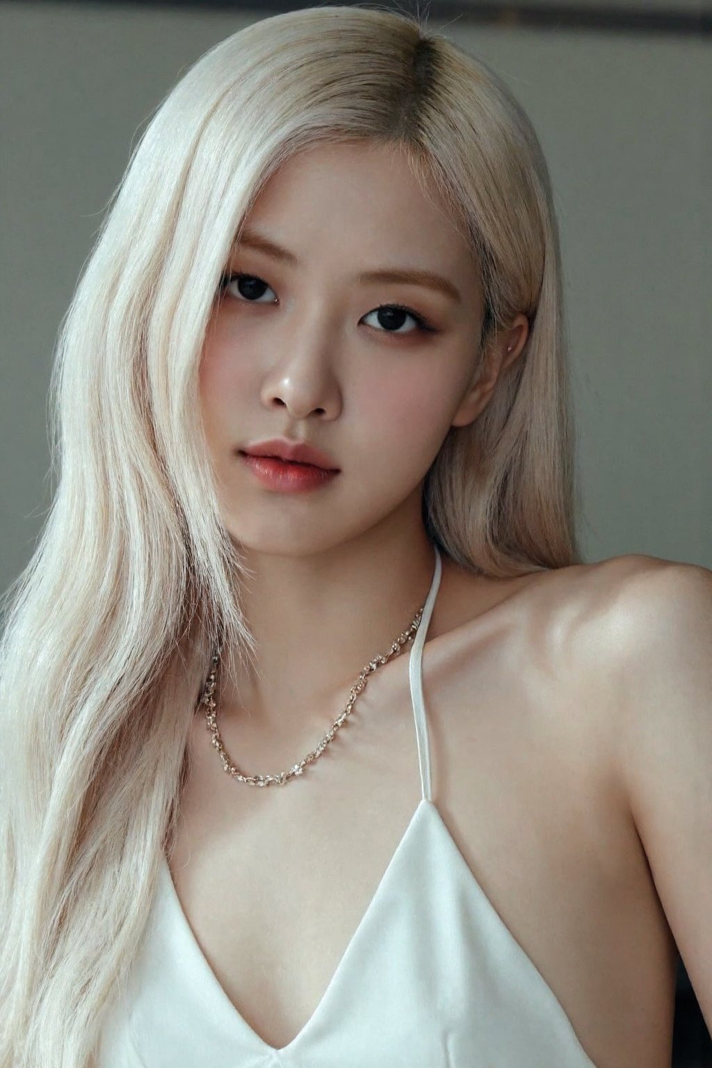 (medium full shot), beautiful korean girl with platinum blonde long hair wearing halter dress, necklace, dslr, soft lighting, high quality, film grain, light reflections, blood vessels, pale skin, skin pores,blood vessels in sclera, detailed skin, beauty spots, skin fuzz, <lora:flux_realism_lora:1>,  <lora:makinaflux_rose_v1.0:1>