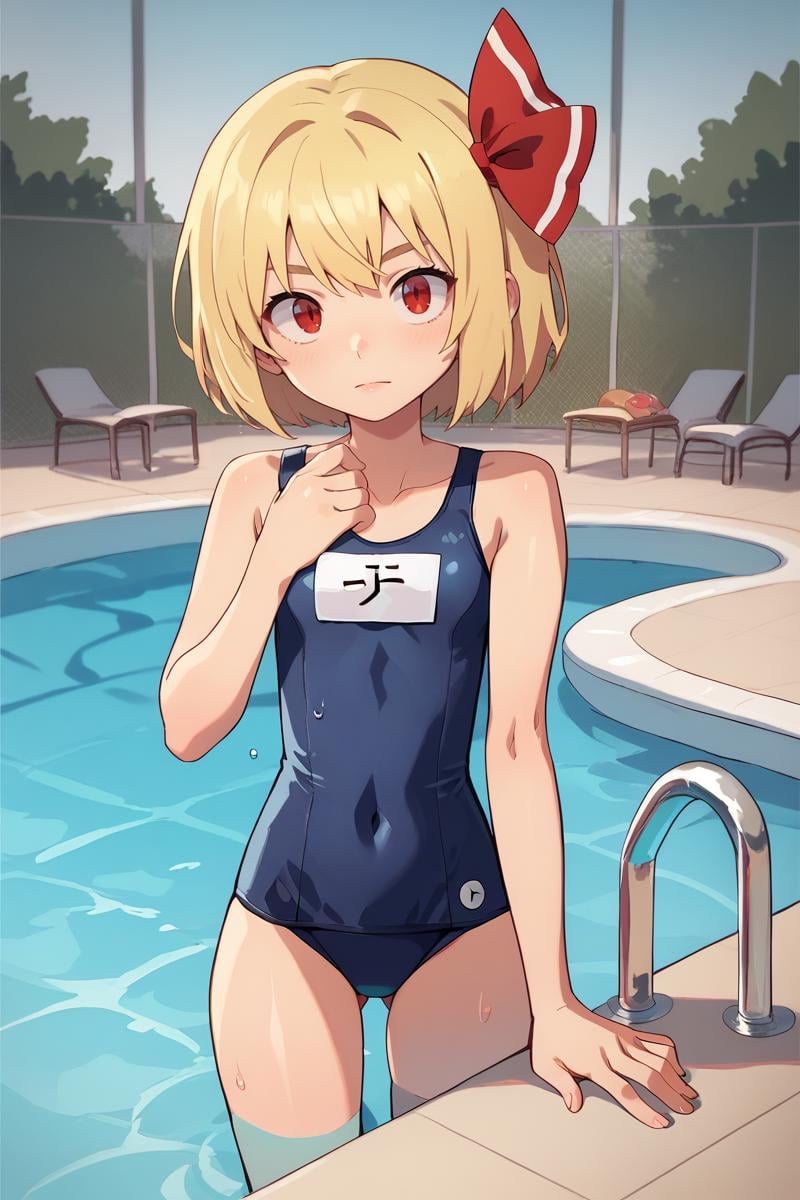 score_9, score_8_up, score_8, score_9, 1 girl, source_anime, rumia, blonde hair, red eyes, hair ribbon, school swimsuit, one-piece swimsuit,  <lora:rumia_pony-10:1>,  <lora:Mangamaster-style_v10:0.8> mangamaster, pool, poolside