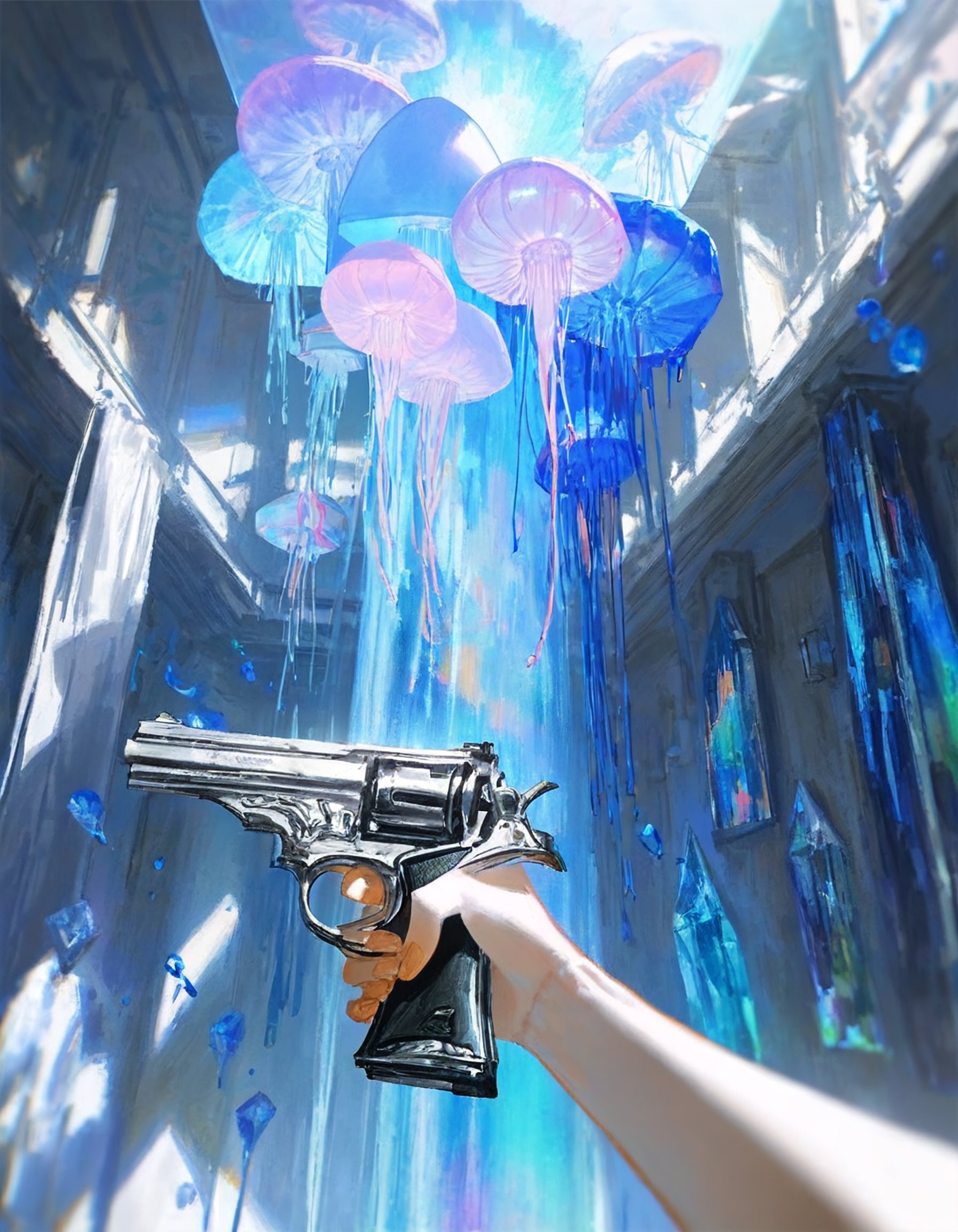 (by quasarcake:1.3), (by reoen:0.8), by rsef, (by neg_\(101neg\):1.2), graffiti, mural, waterfall, jellyfish, (iridescent:1.3) clothes, group, male focus, foreshortening, holding revolver pistol, revolver gun, liquid splashing, impasto oil painting, looking at viewer, magic, crystal glass, marble walls, (empty white room)