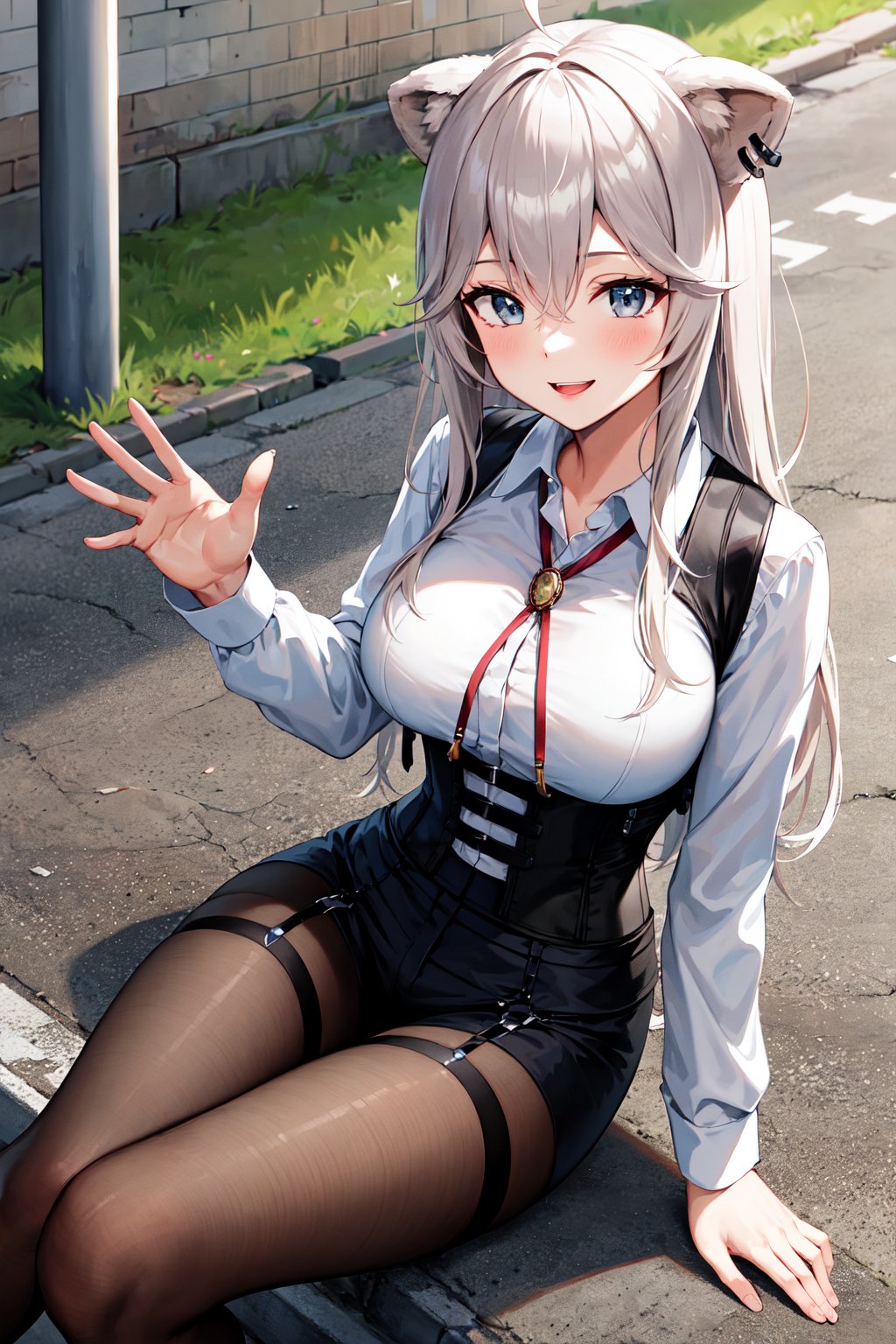 masterpiece, best quality, highres, ccbotan, long hair, ahoge, animal ears, ear piercing, large breasts, bolo tie, collared shirt, white shirt, long sleeves, harness, (underbust:1.2), black shorts, black pantyhose, <lora:shishiro_botan_v1:0.7>, waving, smile, sitting, street, outdoors,