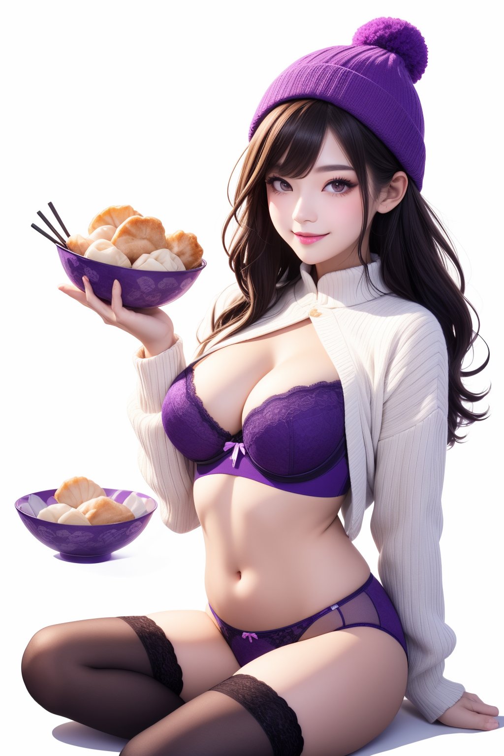 lbc girl, a woman in a purple outfit sitting in a bowl, solo, long hair, breasts, looking at viewer, blush, smile, bangs, large breasts, simple background, brown hair, black hair, thighhighs, long sleeves, hat, white background, bow, navel, holding, cleavage, sitting, underwear, purple eyes, panties, food, black thighhighs, chibi, bra, sweater, parted bangs, lace trim, bow panties, lace, bowl, minigirl, chopsticks, beanie, shrug, (clothing), purple panties, lace-trimmed legwear, purple thighhighs, in container, purple bra, baozi, miniboy, in food, dumpling