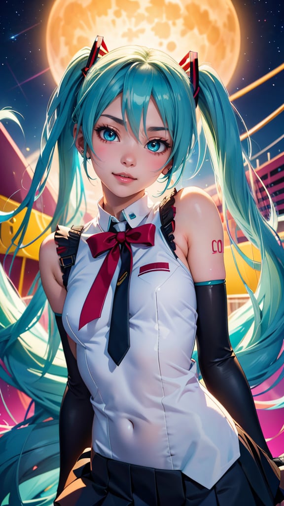 (best quality, masterpiece, colorful, highest detailed) upper body photo, fashion photography of cute (Hatsune Miku), very long turquoise pigtails and a school uniform-like outfit. She has teal eyes and very long pigtails held with black and red square-shaped ribbons that have become a signature of her design, (ultra-detailed body), (light smile:0.3), moonlight passing through hair, (silver lake background:1.3), (intricate details), (dynamic angle)