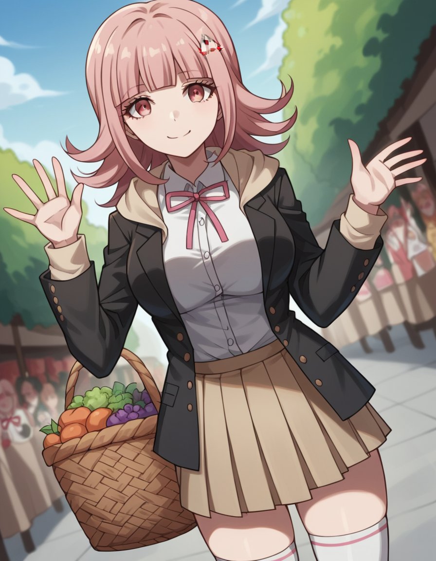 score_9, score_8_up, score_7_up, source_anime, <lora:chiaki-nanami-s2-ponyxl-lora-nochekaiser:1>, chiaki nanami, blunt bangs, pink hair, hair ornament, medium hair, pink eyes, large breasts,, black shirt, black jacket, jacket, long sleeves, neck ribbon, open clothes, open jacket, over-kneehighs, pink ribbon, pleated skirt, ribbon, shirt, skirt, thighhighs, two-tone shirt, white shirt,, farmers market, fresh produce, local vendors, baskets, sunny day, community, smile, looking at viewer, hand waving, solo,, cowboy shot, dutch angle