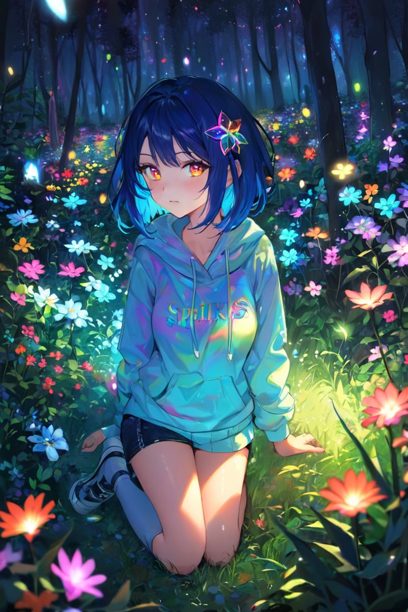 extreemely detailed, light particles floating, kneeling in the forest watching spirits, eerie aura, chromatic aberration, colorful forest lights during night time, oily skin, dynamic angle, colorful glowing flowers, night,hair ornament, intrincate clothing, sexy, high definition photo, ultra detailed skin, ultra detailed face, small skin imperfections, 1girl, Layered haircut, medium boobs, Thin-legged body, multi colored eyes, Navy blue hair