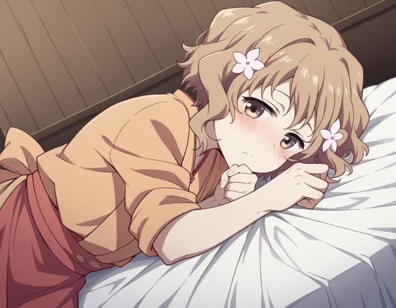 score_9, score_8_up, score_7_up, source_anime,ohanamatsumae, <lora:ohana-matsumae-s1-ponyxl-lora-nochekaiser:1>,ohana matsumae, short hair, brown hair, hair ornament, brown eyes, flower, hair flower,japanese clothes, kimono, apron, sleeves rolled up,indoors, bed, bed room, on side, blush, drunk,looking at viewer, cowboy shot, solo, dutch angle,