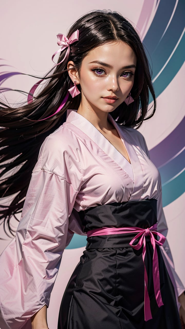 (best quality, masterpiece, colorful, dynamic angle, highest detailed) \Kamado Nezuko\, cowboy shot, fashion photography of cute Kamado Nezuko, pink eyes, very long black hair, multicolored hair, hair ribbon, pink ribbon, japanese clothes, kimono, forehead, (ultrahigh resolution textures), in dynamic pose, bokeh, light passing through hair, (abstract background:1.3), (official art)