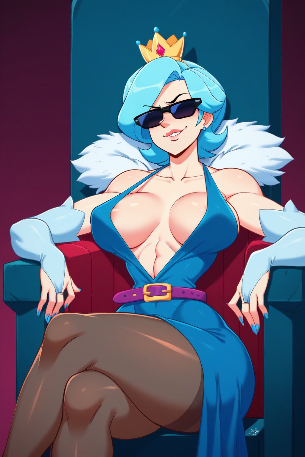 score_9, score_8_up, score_7_up, score_6_up, score_5_up, score_4_up, BREAK ,cowboy shot,1girl,solo,digital painting,rating_explicit,smug, sitting on a throne,princess,small crown,collarbone,puffy lips,princess gown,smirk,large breasts,breasts apart,plunging neckline,from below,crossed legs,elbow gloves,puffy lips,lipstickce robe,dress,fur trim,pantyhose,embroidery,belt,sunglasses,painted nails