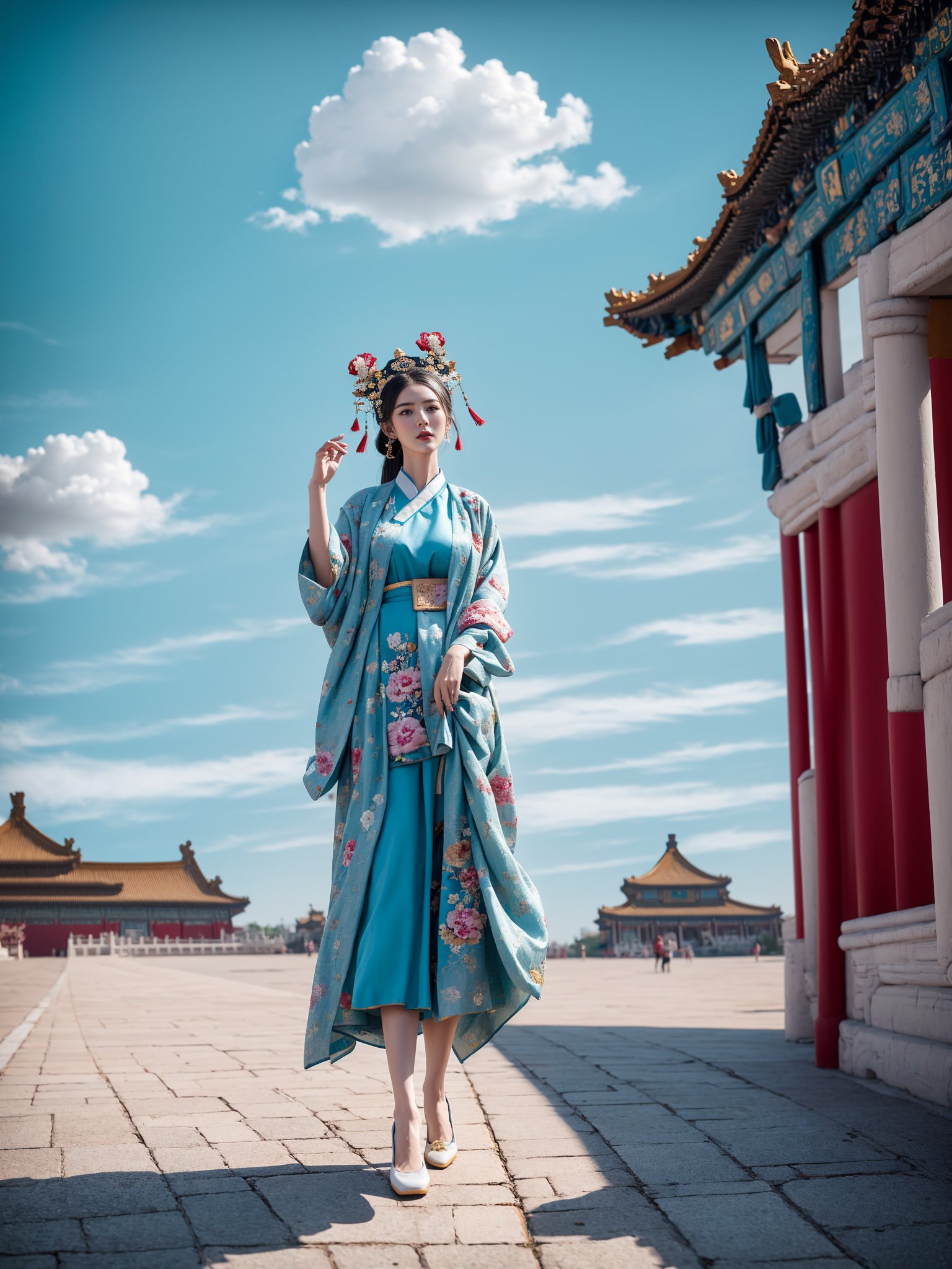 gugong, sky, cloud, sky, 1 Hanfu girl, fine headdress, whole body, embroidered shoes, face, looking at the audience, no feet, solo, outdoor, five fingers, 2 hands, blue sky, scenery, East Asian architecture, architecture, Forbidden City, road, 8K, photography Wilight W resolution,