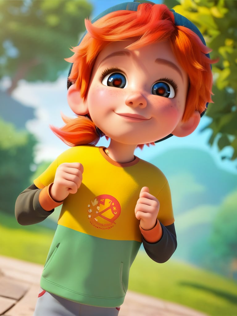 score_9, score_8_up, score_7_up, score_6_up, 1boy, freckles, cap, red hair, ponytail, looking at viewer, dynamic angle, cowboy shot, cute, cartoon, cute pose, smile, blush, wide shot, cute eyes, magic vibes, bangs, floating hair, outdoors, vegetation, trees, detailed background, cinematic, child,<lora:DisneyStudios_style:0.8> DisneyStyleXLP