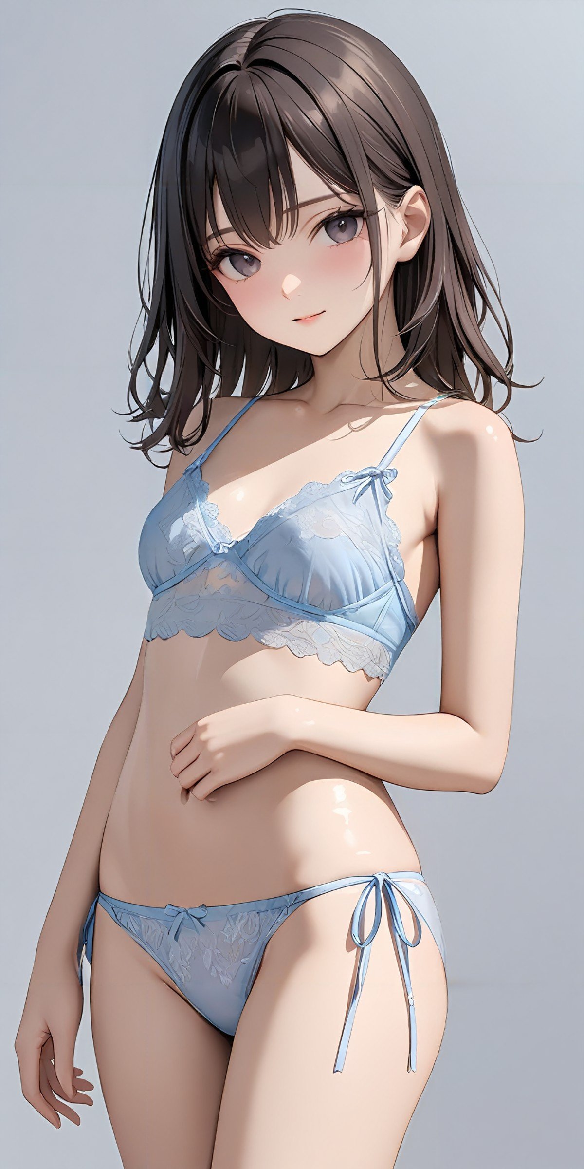 masterpiece,ultra-detailed,best quality,8K,illustration,cute face,clean skin ,shiny hair,girl,simple background, <lora:add-detail-xl:1>  <lora:himopan_XL_V1.0:1> panties, side-tie panties,lace,see-through