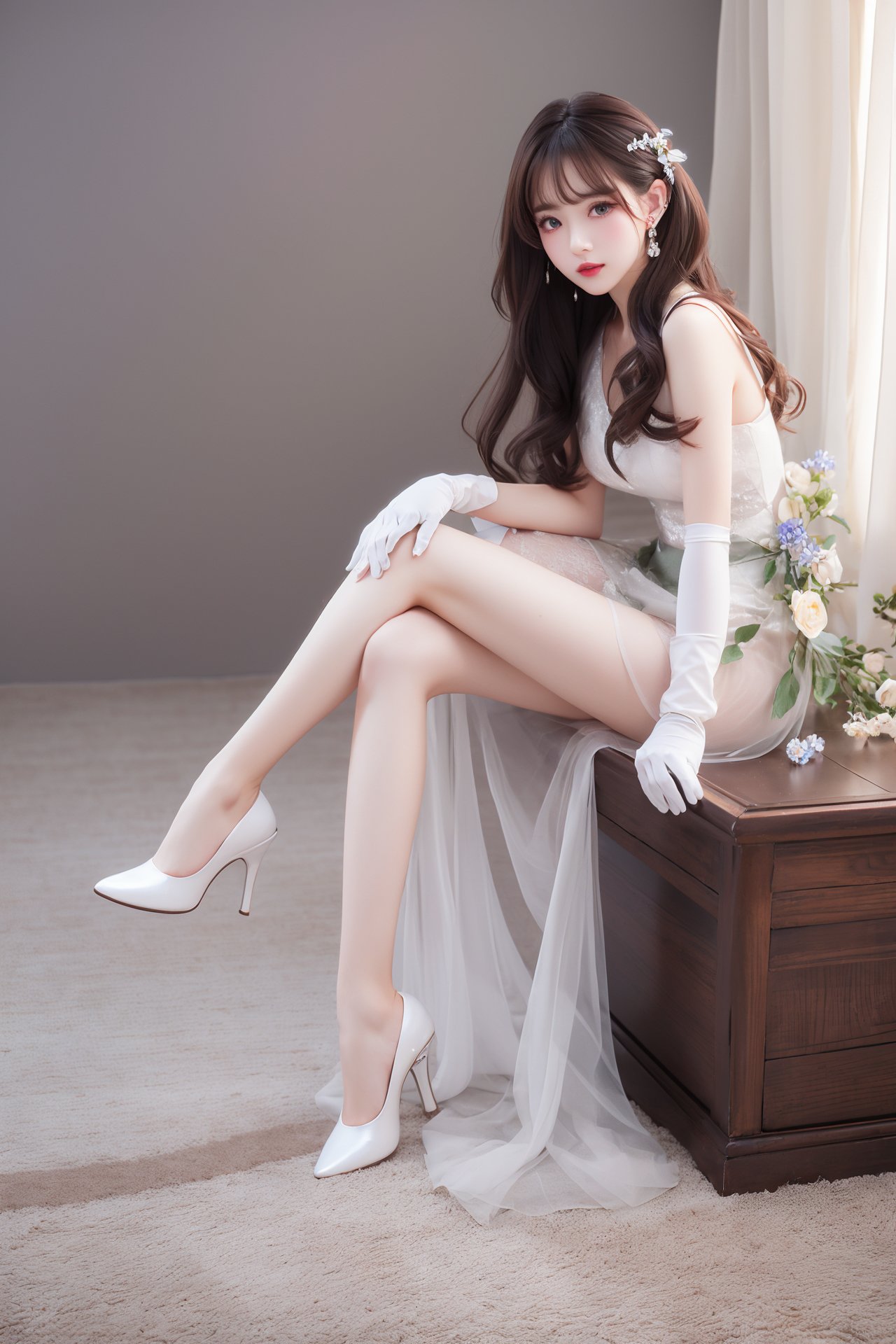 1girl,((white gloves)),solo,sitting,wavy hair,long hair,brown hair,muted color,indoor photography,earrings,(light gray background),white flower,(gray carpet),(full body),(((masterpiece))),(((best quality))),highly detailed,shokei shoujo no virgin road.,((poakl flower style)),