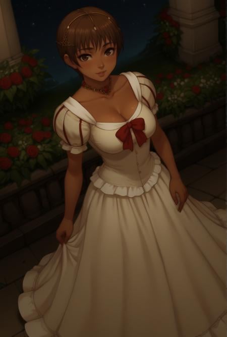 score_9, score_8_up, score_7_up, source_anime BREAK, solo, looking at viewer, full body, garden, flower, rose, night, moonlight,<lora:CascaPdxlDwnsty:1>, Casca_Dress, dress, jewerly, collarbone, lips, necklace,large breasts, cleavage, dutch angle, standing, blush, smile