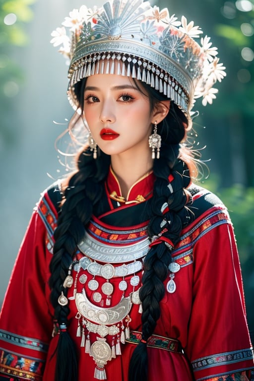 1girl,jewelry,earrings,braid,black hair,solo,hat,long hair,looking at viewer,upper body,lips,red lips,black eyes,traditional clothes,single braid,hair over shoulder,<lora:miaozu_20240524174128:0.6>,