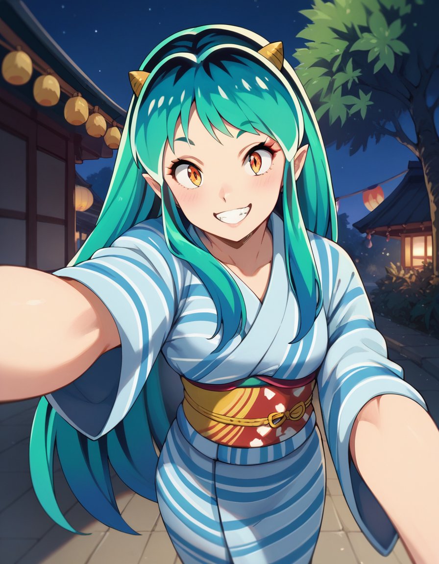 score_9, score_8_up, score_7_up, 1girl,  <lora:lum:1>, lumxl, long hair,green hair, aqua hair, multicolored hair, oni, cone horns, pointy ears, yukata, obi, japanese clothes, pov, selfie, smile, light blush, outdoors, night, summer festival, 