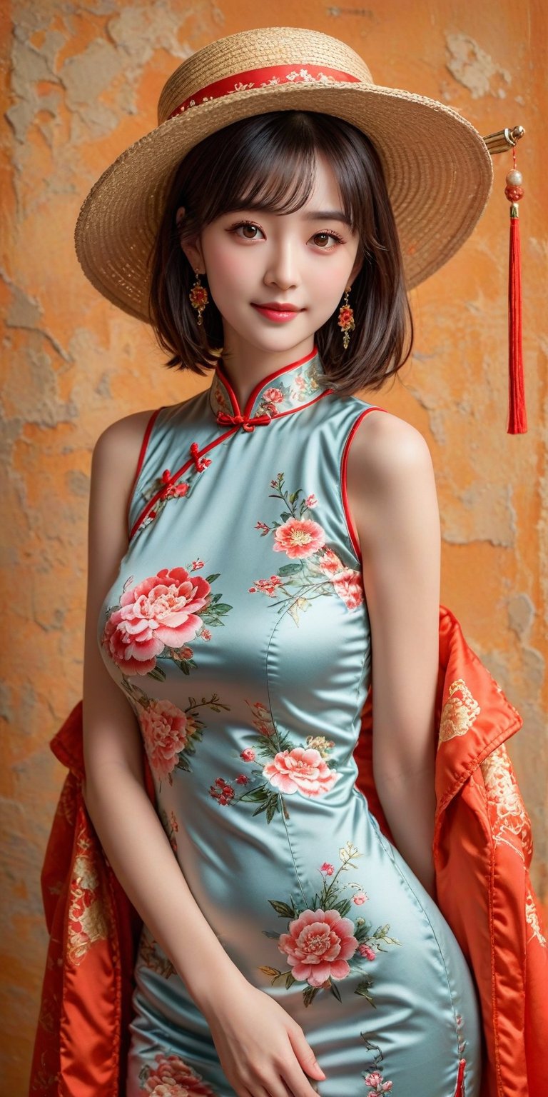 穿中国丝绸旗袍,1girl,AiARTiST,bare shoulder,by miv4t style, by fuzichoco style, reverse:1999, regulus \(reverse:1999\), 1girl, :d, blue dress, blue neckerchief, brown hair, cabbie hat, dress, hand up, hat, jacket, long sleeves, neckerchief, orange eyes, polka dot neckerchief, portrait, puffy long sleeves, puffy sleeves, red background, red jacket, short hair, smile, solo, sparkle, sunglasses, unworn eyewear, absurdres, highres, blurry background, newest, sensitive,best quality,masterpieces