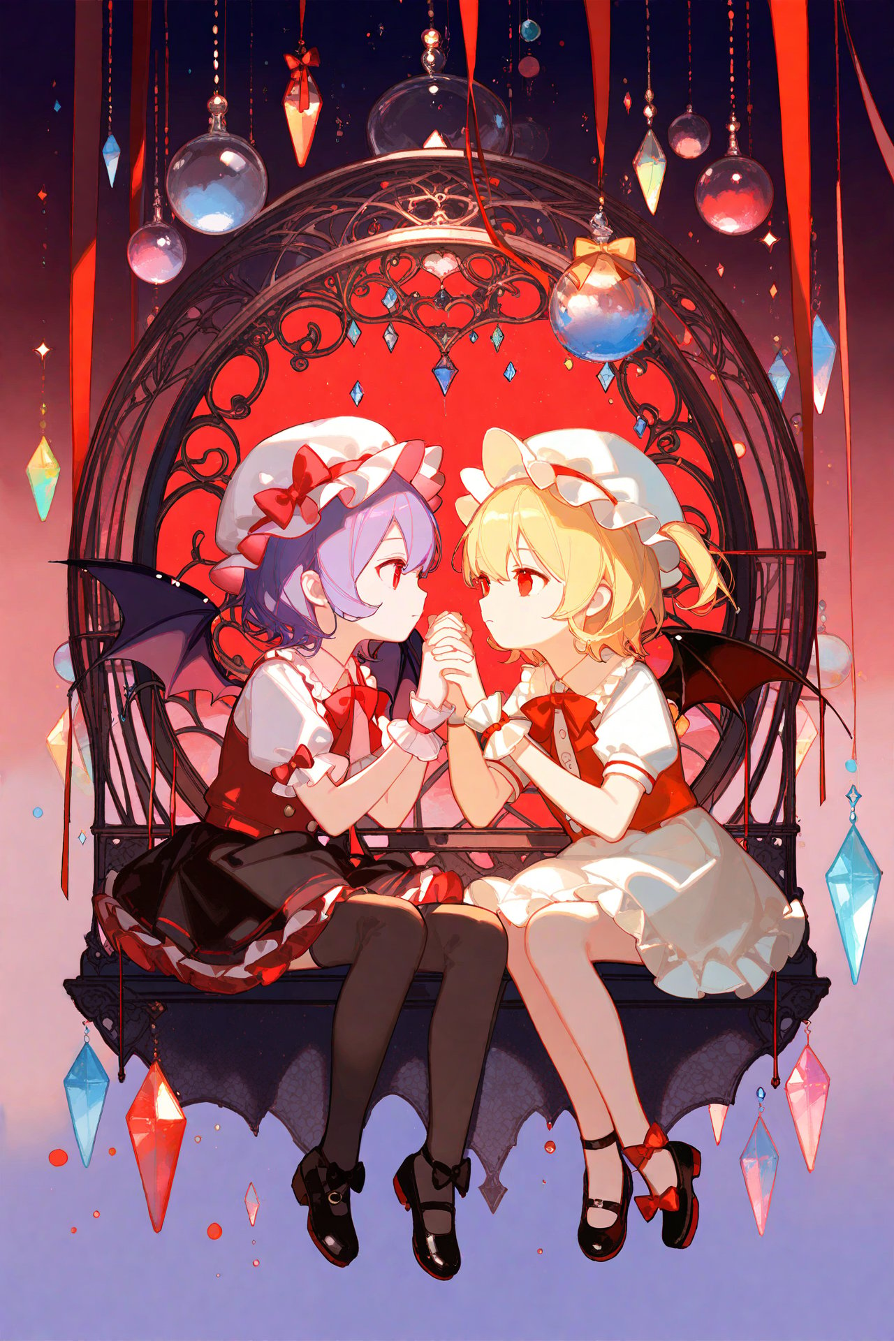 Artist:ask (askzy),Artist:chen bin,Artist:ciloranko,flandre scarlet,mob cap,remilia scarlet,hat,multiple girls,2girls,wings,blonde hair,short sleeves,cage,red eyes,siblings,sisters,bat wings,puffy sleeves,wrist cuffs,looking at another,puffy short sleeves,birdcage,shirt,white headwear,skirt,holding hands,red vest,white shirt,purple hair,red skirt,bow,one side up,sitting,dress,vest,short hair,ribbon,eye contact,crystal,red ribbon,red bow,shoes,closed mouth,full body,hat ribbon,profile,medium hair,black footwear,