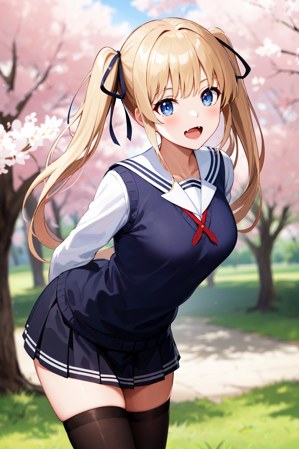 masterpiece, best quality, highres, aaeriri, long hair, twintails, hair ribbon, fang, school uniform, sailor collar, white shirt, sweater vest, long sleeves, pleated skirt, black skirt, black thighhighs, <lora:sawamura_spencer_eriri_v1:0.7>, arms behind back, cherry blossoms, outdoors, standing, cowboy shot, smile, open mouth, leaning forward,