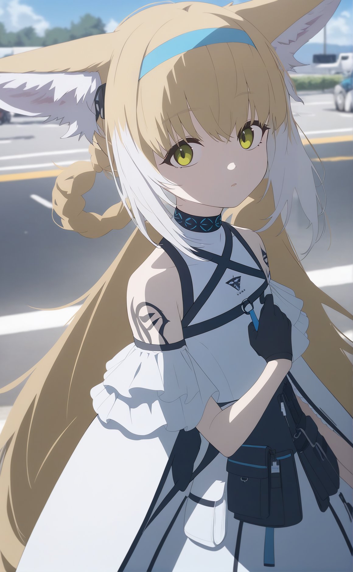 1girl solo 1girl, suzuran \(arknights\), arknights bandeau olivedrab airport beautiful detailed sky parking lot-highres absurdres best-quality safe masterpiece