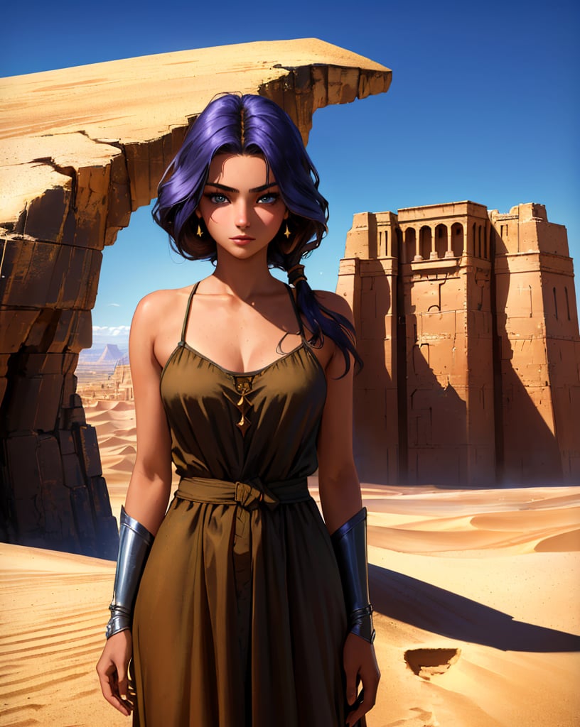 masterpiece, best quality, portrait of a 18yo woman ,  (desert with mirage of lost city:1.1) ,  color photo, cinematic, cinematic lighting, sly magician shadows illusions, anime, gorgeous 18-year-old woman, perfect eyes, graceful, landscape shot,  upper body, looking at viewer, standing, happy, enthusiastic