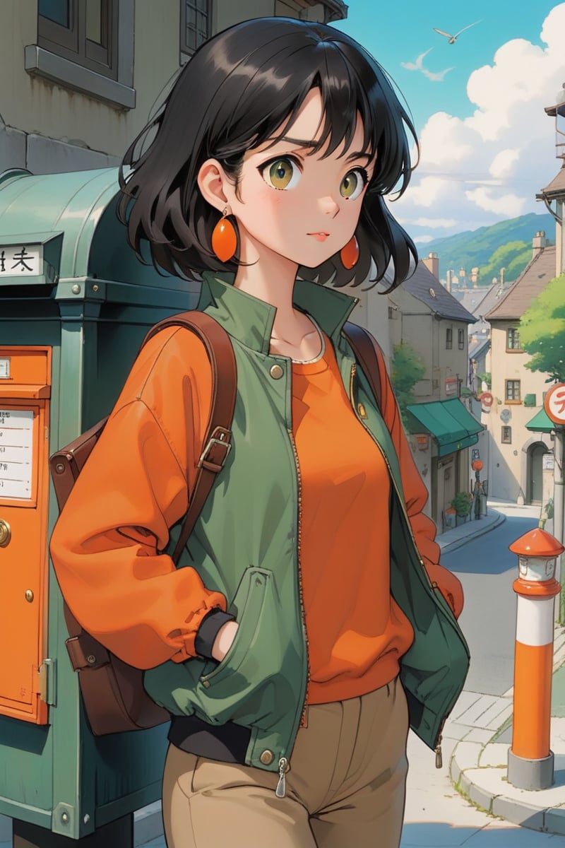 1girl,solo,outdoors,brown eyes,black hair,jacket,jewelry,mailbox,looking at audience,orange pants,construction,earrings,power cord,long sleeves,green jacket,Studio  Ghibli,