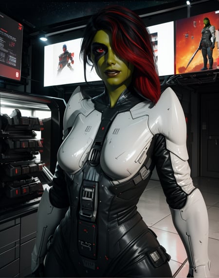 Gamora,green skin,multicolored hair,red eyes,hair over one eye,black and white bodysuit,armor,standing,upper body,light smile,science fiction,market place,night,(insanely detailed,  masterpiece, best quality),solo,<lora:Gamora:0.8>,