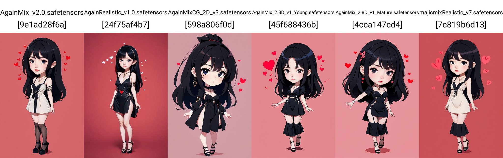 <lora:AgainChibiLora_v1:1>,1girl, solo, mole under eye, jewelry, mole, heart, black hair, necklace, dress, black eyes, black dress, black footwear, full body, breasts,