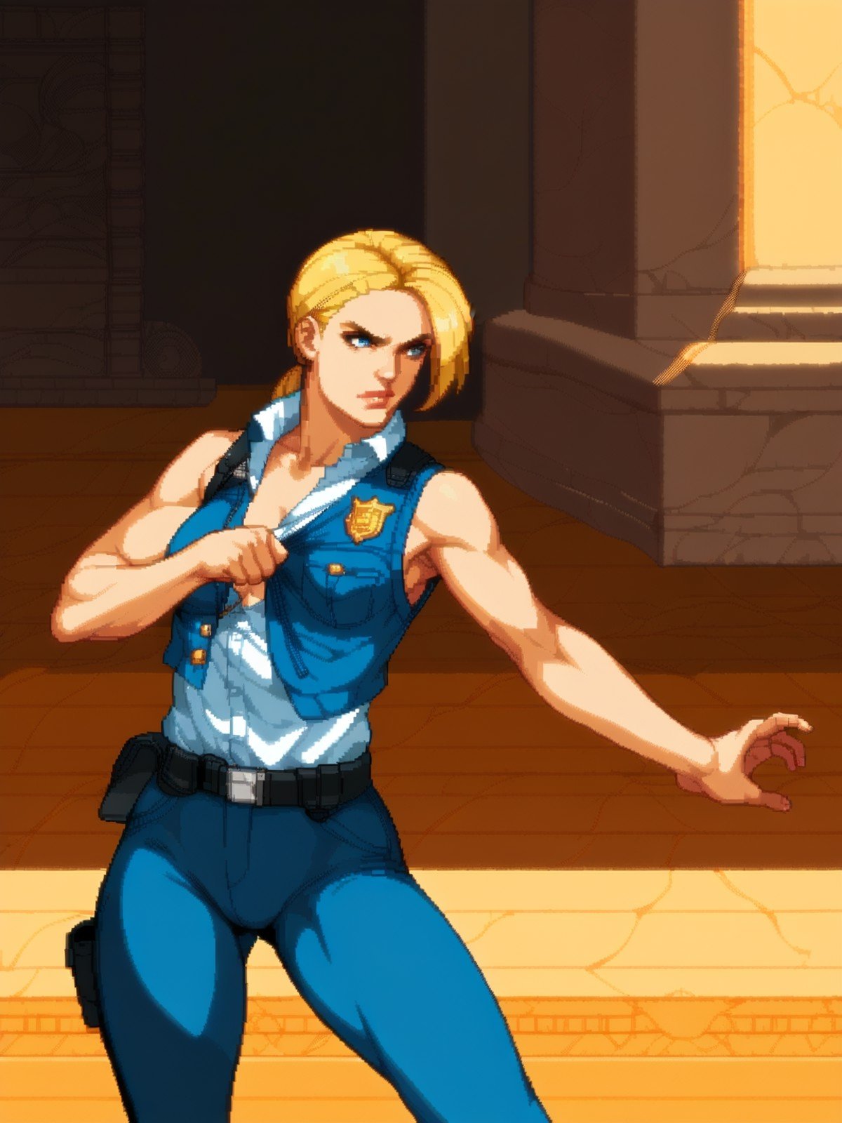 score_8_up, score_7_up, 1girl, cowboy shot of sonya blade in fighting stance, dynamic pose, police uniform, unbuttoned, vest, pants, bare shoulders, toned, athletic, ancient chinese temple indoors, realistic, pixel art