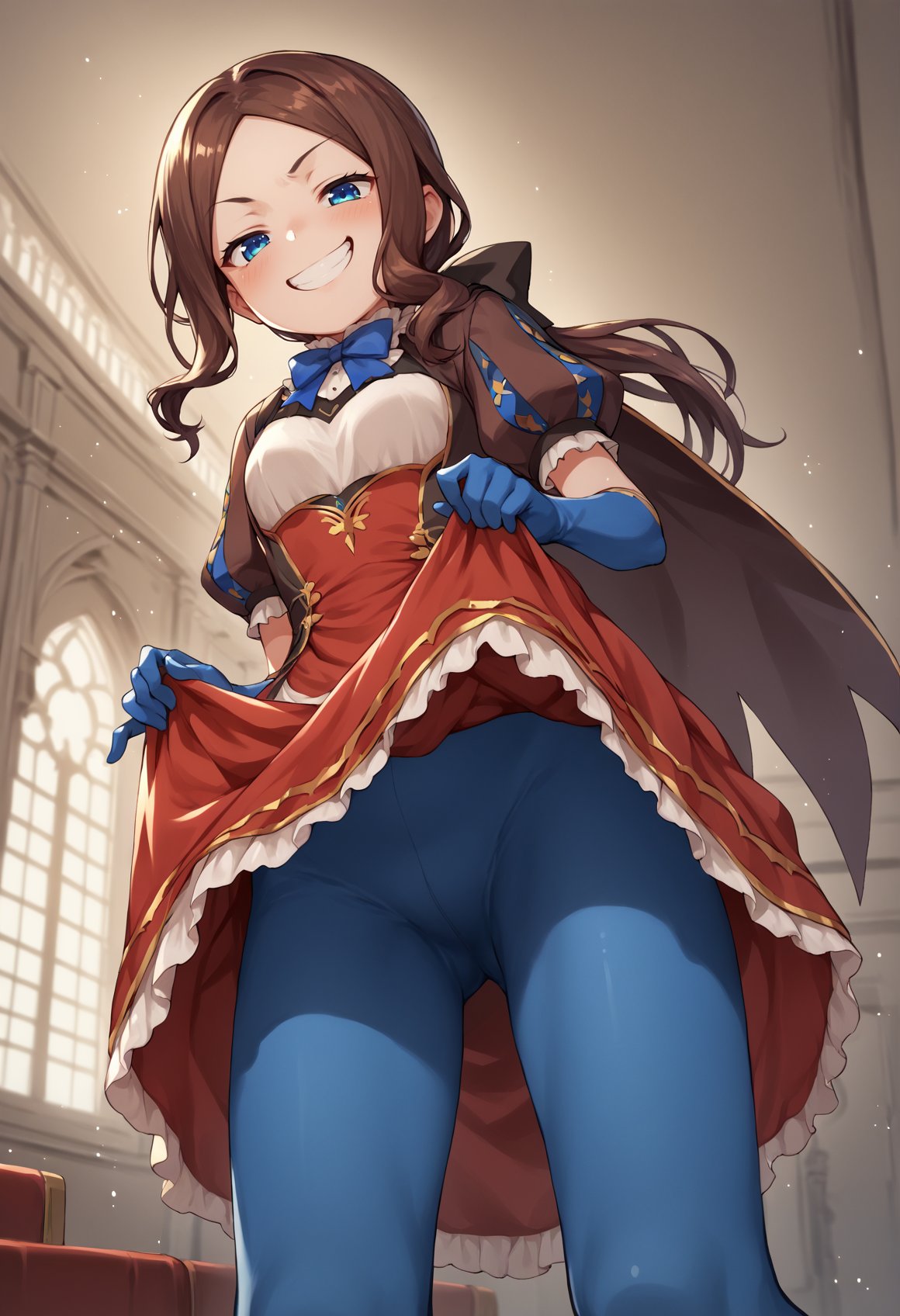 1girl, blue eyes, long hair, brown hair, sidelocks, low ponytail, ribbon, dress, white shirt, puffy sleeves, short sleeves, red skirt, cape, blue pantyhose, elbow gloves, standing, skirt lift, lifted by self, esugaki, evil smile, teeth, smug, from below, teasing, indoors, mansion <lora:Vinci_XL:1>, score_9, score_8_up, score_7_up, score_6_up, score_5_up, score_4_up, BREAK source_anime, masterpiece