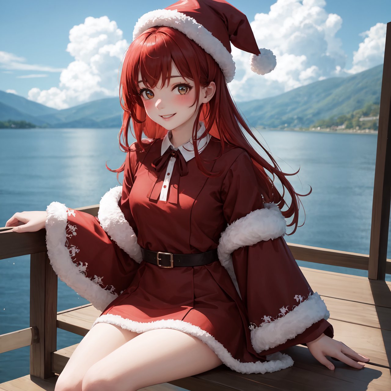 (masterpiece),  (best quality),  (highly detailed),  8k,  1girl,  petite,  ginger long hair,  glittering hazel eyes,  {wearing red victorian dress with white accent,  santa hat},  smile,  blush,  (solo female),  on a vacation to lake Toba,  medium shot