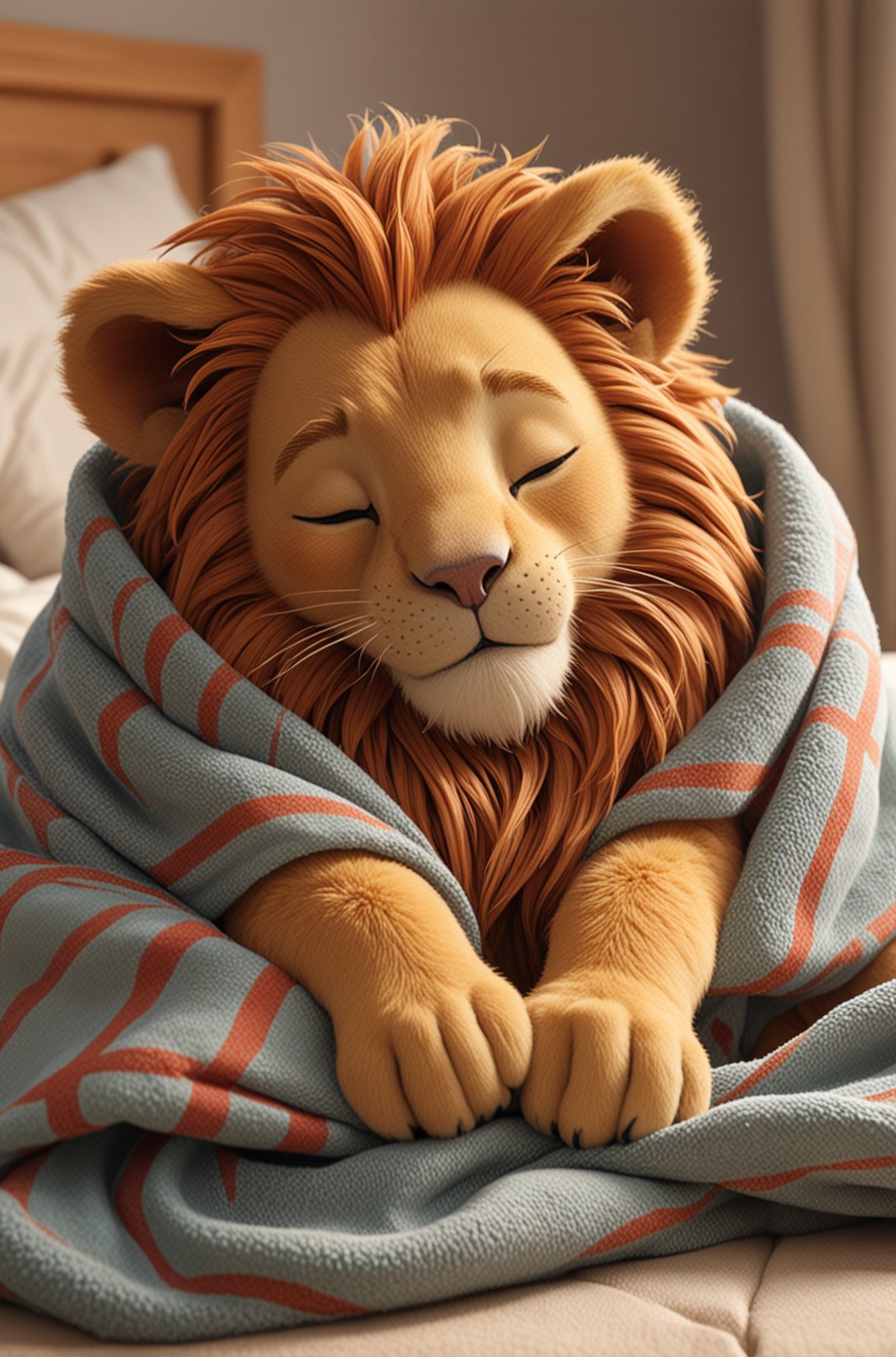 Cute cartoon style of a adorable little colourful Lion, snuggled, curled up, smiling, sleeping with a little blanket, tiny bedroom, on a bed under the blanket, ethereal, soft, detailed, beautiful, cosy, cute, Pixar, snoozing, 3D render, UHD