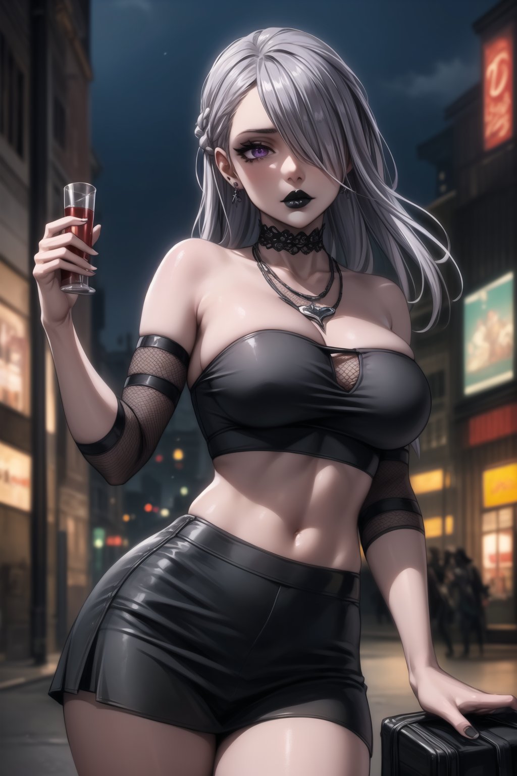 ((best quality)), ((highly detailed)), masterpiece, ((official art)), detailed face, beautiful face, (detailed eyes, deep eyes), seductive posing, (cowboy shot), noelle_silva, purple eyes, (sexy:1.3), (long straight silver hair, dark silver hair, long straight hair, hair covering one eye:1.3), (makeup, black lips:1.3),(  pale white skin, very white skin, goth, long eyelashes, medium to big breasts, black necklace, black fishnet shirt, black tube top, black fishnet shirt over black tube top, black skirt, city street, nighttime)), intricately detailed, hyperdetailed, blurry background, depth of field, best quality, masterpiece, intricate details, tonemapping, sharp focus, hyper detailed, trending on Artstation, 1 girl, high res, official art, , earrings,black lips<lora:EMS-28161-EMS:0.300000>, <lora:EMS-401523-EMS:0.800000>, <lora:EMS-12629-EMS:0.600000>, <lora:EMS-93-EMS:0.600000>, <lora:EMS-31593-EMS:0.200000>