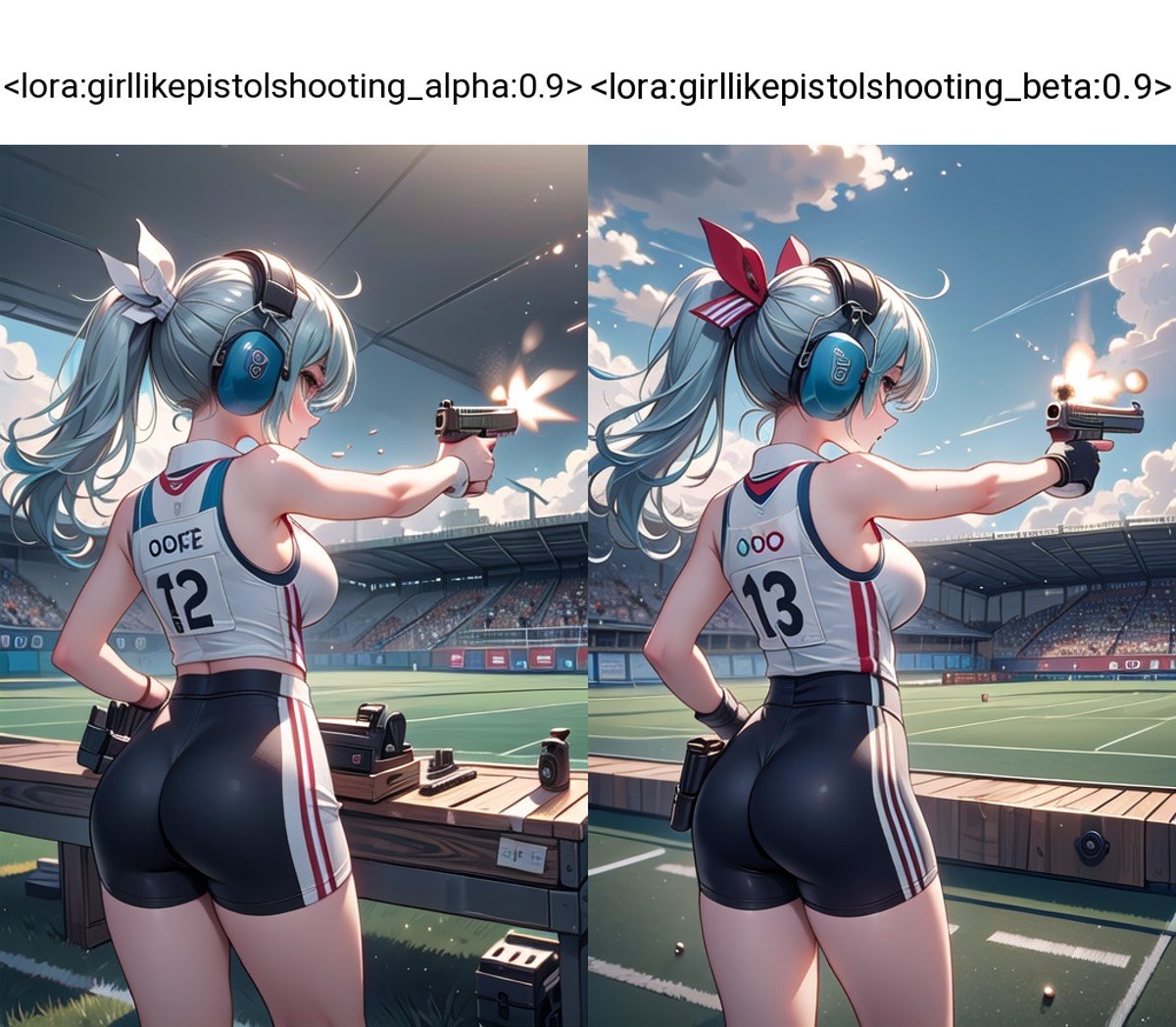 (((masterpiece))), (((best quality))), (((target in range))), ((pistol shooting)), (holding air handgun), outstretched arm, muzzle flash, aiming at viewer, firing, player uniform, sleeveless, sports shorts, ear defenders, fingerless gloves, olympic games venue, sky, wind, steam, sweat, shadow, 1girl, ribbon, aqua hair, wavy hair, floating hair, big tits, standing, from behind, <lora:girllikepistolshooting_alpha:0.9>