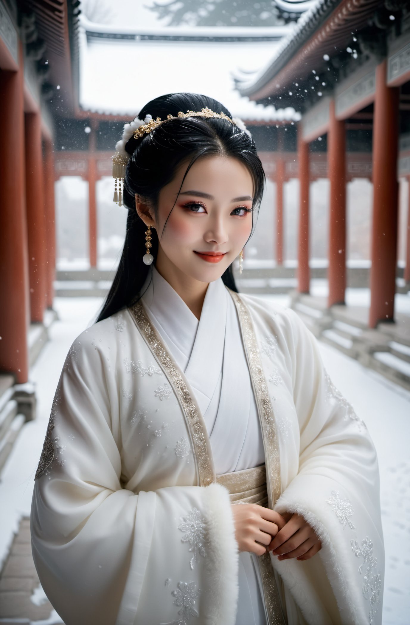 cinematic photo A Chinese (makeup) girl wearing a gorgeous white Hanfu and (opened:1.7) fur coat walks in an ancient palace under heavy snow with a light smile on her face, . 35mm photograph, film, bokeh, professional, 4k, highly detailed