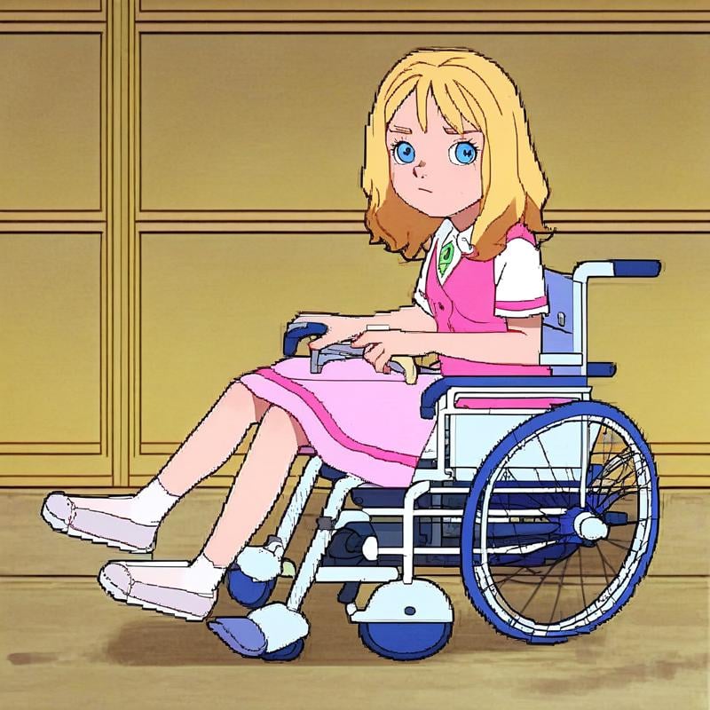 score_9, solo, helen, blonde hair, blue eyes, skirt, wheelchair, classroom