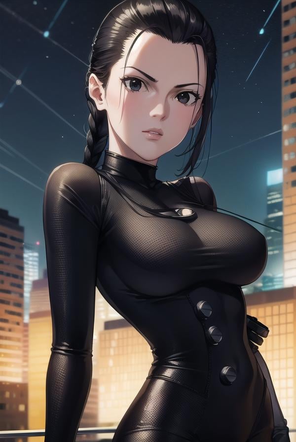 seisakuraoka, <lora:sei sakuraoka manga-lora-nochekaiser:1>,sei sakuraoka, braid, black hair, (black eyes:1.5), single braid,BREAK bodysuit, black bodysuitBREAK outdoors, city, night, sky, starry sky, moon,BREAK looking at viewer, (cowboy shot:1.5),BREAK <lyco:GoodHands-beta2:1>, (masterpiece:1.2), best quality, high resolution, unity 8k wallpaper, (illustration:0.8), (beautiful detailed eyes:1.6), extremely detailed face, perfect lighting, extremely detailed CG, (perfect hands, perfect anatomy),