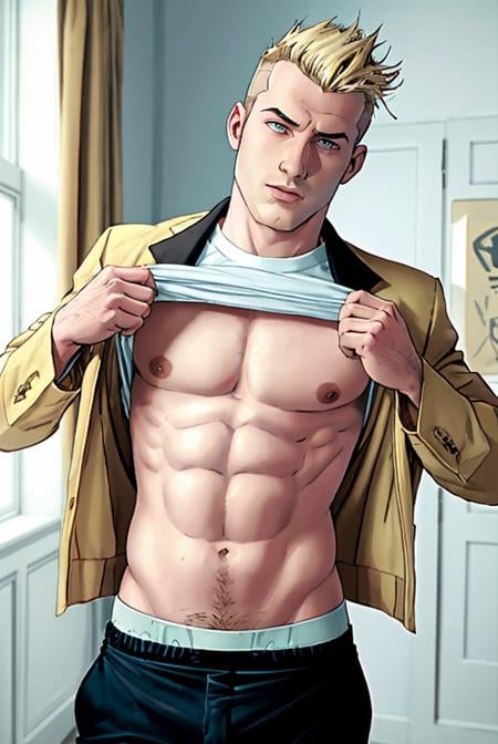 Dreamscape, 1boy,  navel, nipples <lora:Shirt_Lifters:0.8> shirt lift, trunks, suit jacket, in a strait, chubby, blue eyes, stubble, mohawk, dirty blonde hair, pale skin, Surreal, ethereal, dreamy, mysterious, fantasy, highly detailed