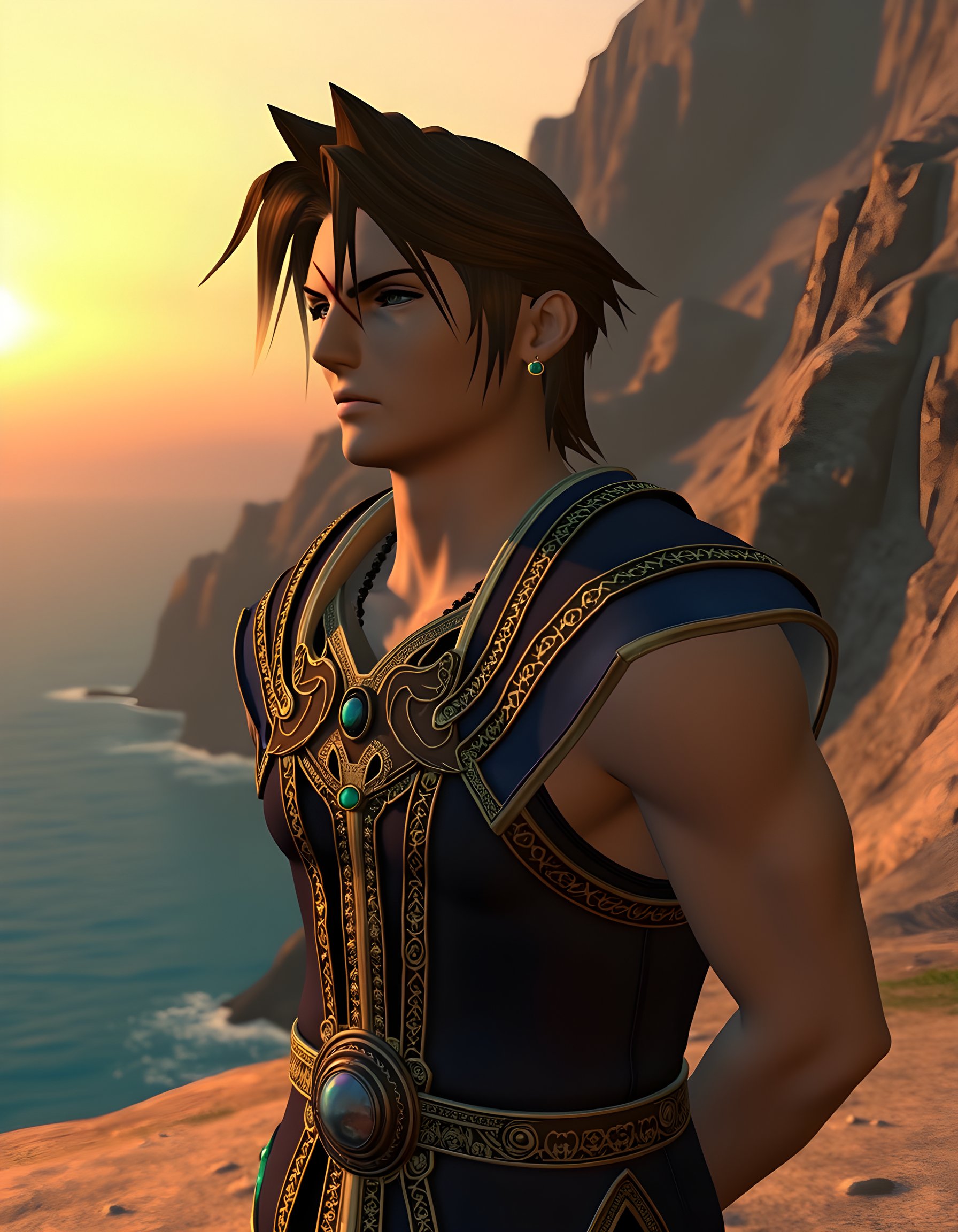 ff8_style, In a Final Fantasy VIII-inspired scene, a ruggedly handsome man with a defined jawline and a prominent scar running down the left side of his face, his brown hair styled in a windswept quiff, wears an intricately designed, layered tunic adorned with golden filigree and precious stones, set against a twilight backdrop of a desolate, rocky cliffside overlooking the azure ocean. The camera angles from slightly below, capturing his closed eyes and a mysterious expression, as he stands with his hands clasped behind his back, a single tear trickling down his cheek, emphasized by the soft, warm golden glow emanating from the setting sun, creating an emotional and introspective atmosphere reminiscent of a cinematic cutscene.