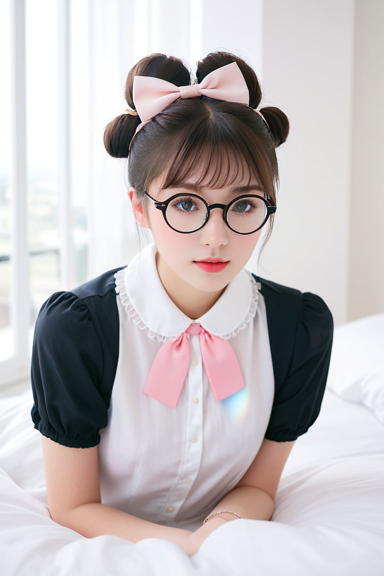 Softly lit portrait,youthful female subject,large round glasses,double bun hairstyle,pink bow accessory,white collar blouse,gazing directly at the camera with a gentle expression,kneeling on a white bed,blurred background suggesting a bright,airy room,pastel color palette,delicate and whimsical ambiance,soft-focus effect,high-key lighting,possibly inspired by Japanese anime or schoolgirl fashion aesthetics.,