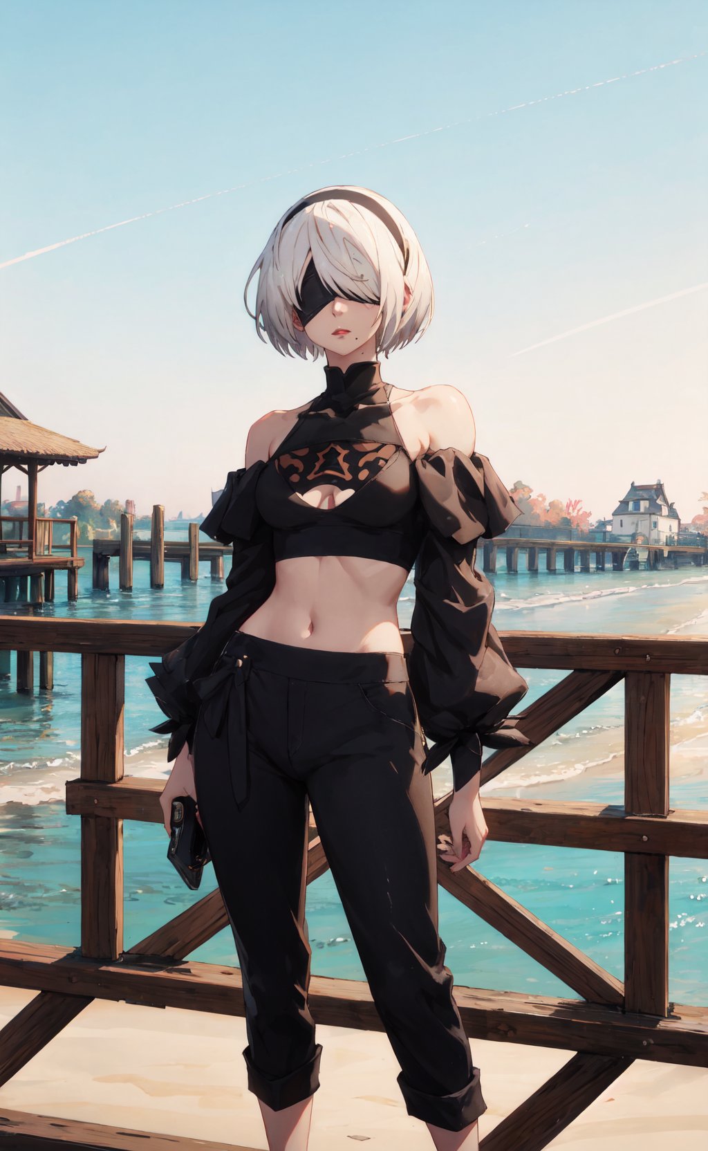 <lora:2B-000017:0.8>,2B CYQL,1girl,looking at viewer,solo,white hair,short hair,hairband,black hairband,covered eyes,black blindfold,mole,mole under mouth,full body,(Off-the-shoulder_blouse:1.4),(Wide-leg_cropped_pants:1.3),(Woven_handbag:1.2),(Beachside_cafe_background:1.4),smile,cowboy_shot,Bridges, River, Architecture, Landmarks, Waterfront,(Cherry blossoms, Garden path, Dawn light, Sakura petals, Tranquil setting, Japanese elegance:0.5),beautiful detailed sky,beautiful detailed glow,posing in front of a colorful and dynamic background,masterpiece,best quality,beautiful and aesthetic,contrapposto,female focus,wallpaper,