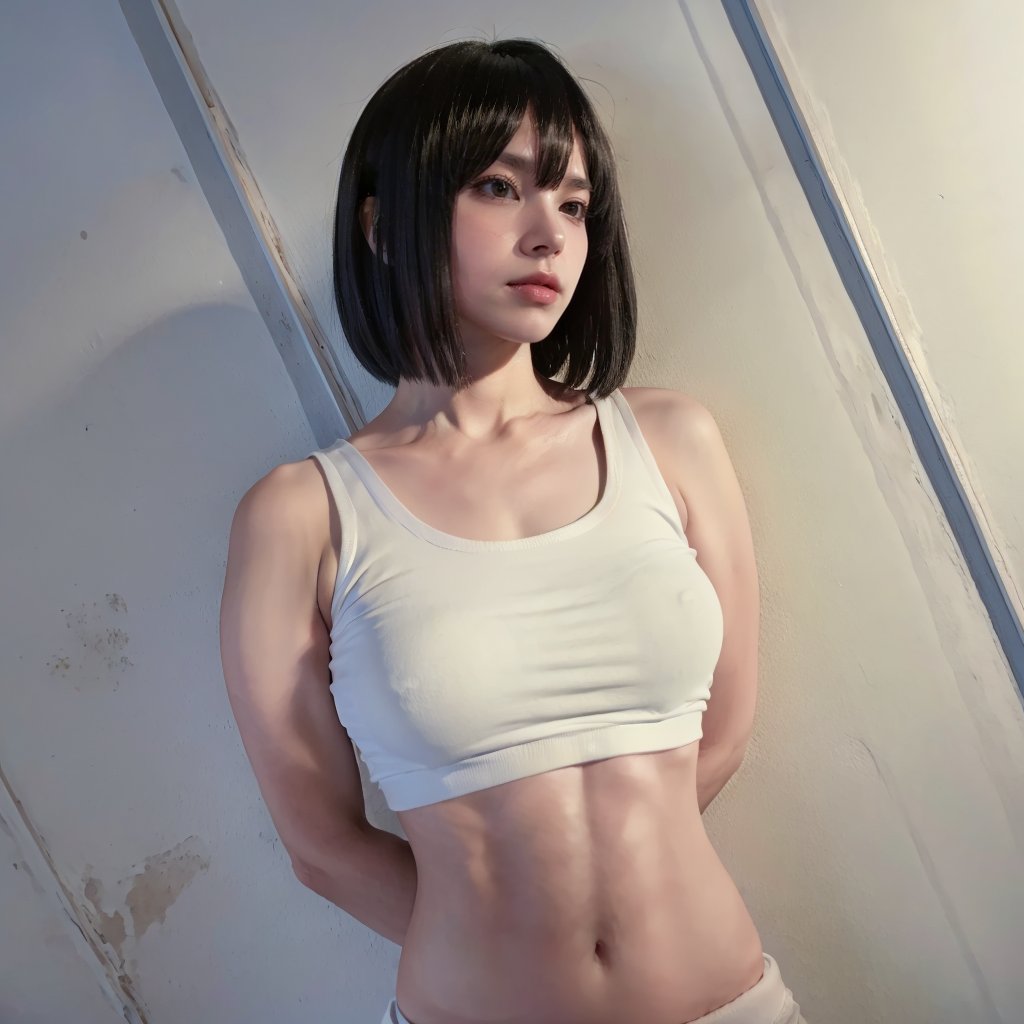 1girl,navel,black_hair,short_hair,solo,breasts,tank_top,lips,tifa_lockhart,crop_top,against_wall,midriff,(arms behind back),<lora:性感小姐姐:0.8>,