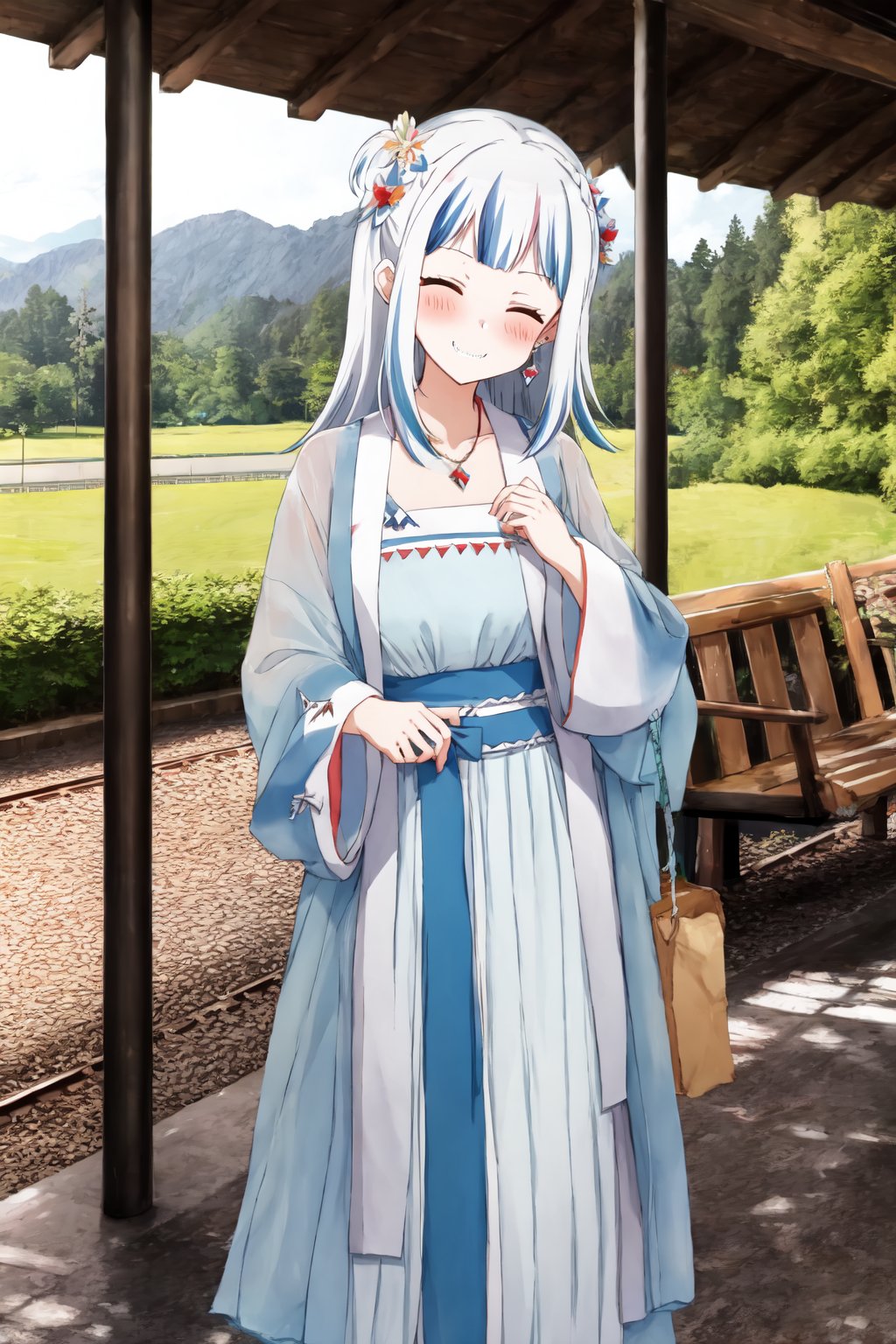 BREAK detailed background, masterpiece, best quality, anime screencap, anime coloring, parody, BREAK hanfu, chinese clothes, (gawr gura:1.2), white hair, streaked hair, smile, looking at viewer, hair flower, jewelry, necklace, earrings, BREAK train station, train rails, outdoors, (facepalm:1.3)